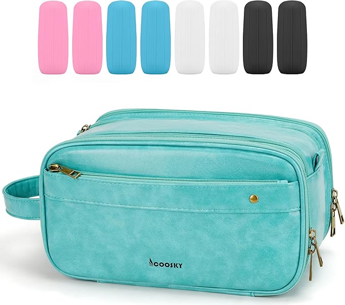 COOSKY Travel Toiletry Bag for Men, Large Hanging Toiletries Organizer Bags for Women, Cruise Ship Essentials, Water-resistant Shaving Case, PU Leather Makeup Accessories, Cosmetic Dopp Kit, Lake Blue