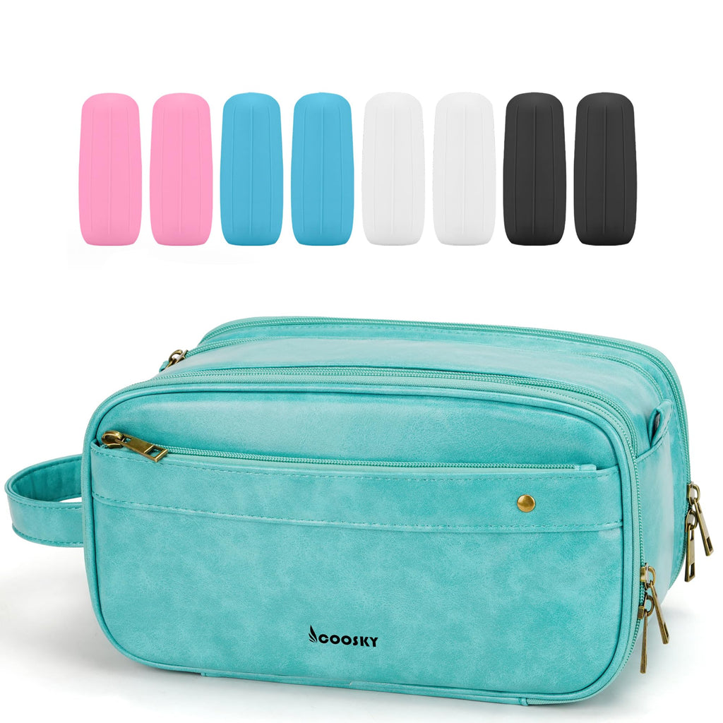 COOSKY Travel Toiletry Bag for Men, Large Hanging Toiletries Organizer Bags for Women, Cruise Ship Essentials, Water-resistant Shaving Case, PU Leather Makeup Accessories, Cosmetic Dopp Kit, Lake Blue