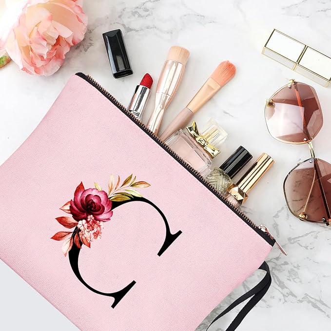 Vavabox A-Z Personalized Makeup Bag, Birthday Gifts for Women Mom, Gifts for Best Friend, Bride Bridesmaid Cosmetic bag (C, 06-Pink)