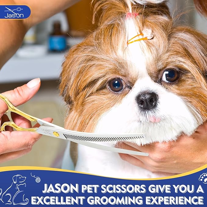JASON Curved Dog Thinning Scissors - 7" Grooming Shears Ergonomic Updated