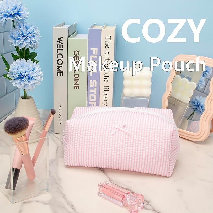 Cozy Makeup Bag for Women,Zipper Cosmetic Pouch,Stripe Ballet Pink,2 Pack