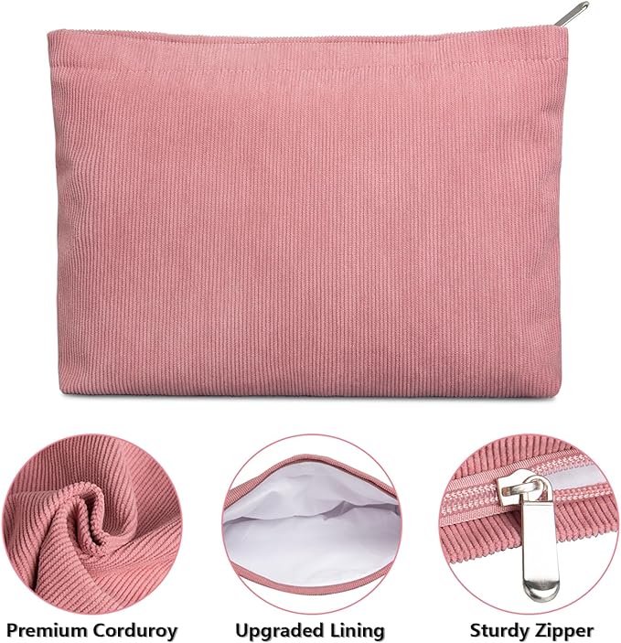 FITDON 2PCS Cosmetic Bags for Women Makeup Bag for Purse Small Corduroy Makeup Pouch Travel Make Up Bag with Zipper Toiletry Bag Organizer, Pink