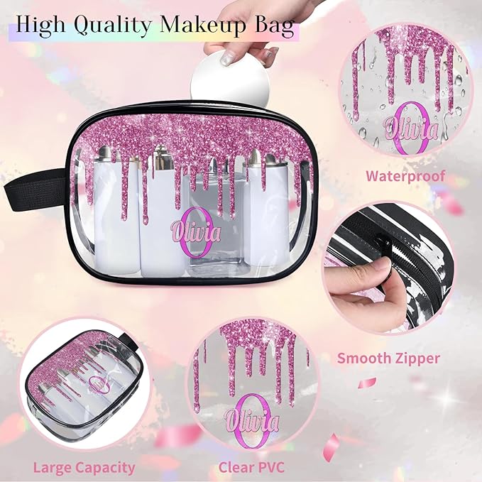 KFNHN Personalized Transparent Travel Cosmetic Bag Waterproof Makeup Bags, Custom Name Clear Organizer Case Toiletries Container Bag, Orchid Pink Water Fluid Shape Shiny Glitters