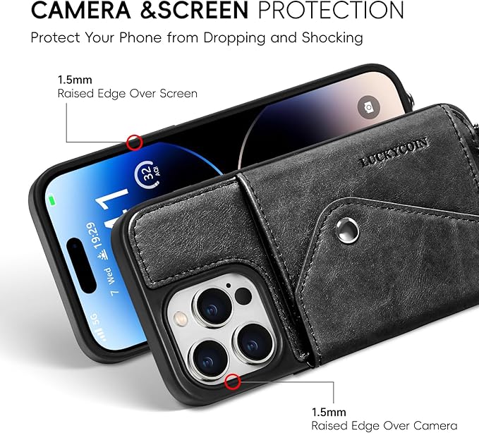 LUCKYCOIN Crossbody Phone Case for iPhone 14 Pro,100% Genuine Leather Phone Wallet Case for Women, Premium Hands-Free Phone Purse with Expandable Flip Card Holder & Adjustable Strap - Retro Black