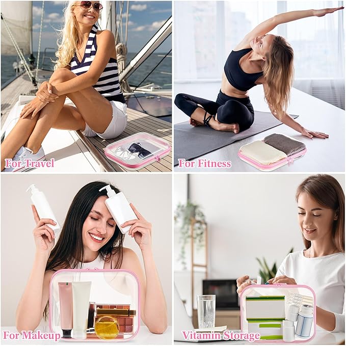 Hoolerry 3 Pcs Clear Hard Zipper Case Hard Plastic Zipper Pouch Makeup Bag Portable Travel Organizer for Cosmetics, Office Supplies, Documents & Toiletries(Pink,M)