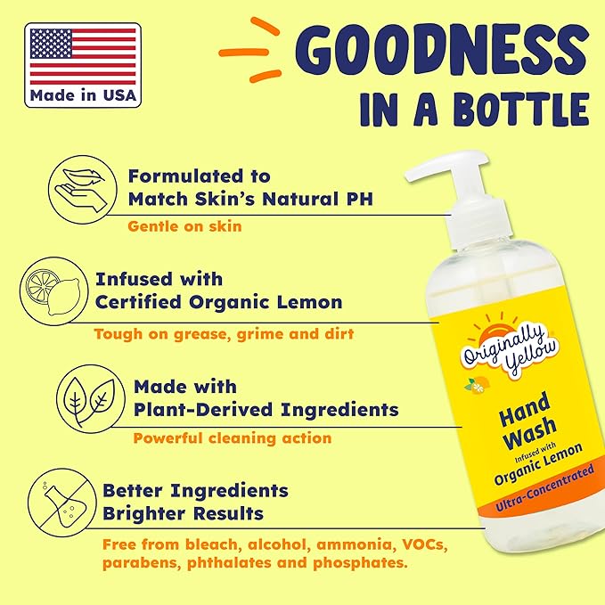 Originally Yellow Hand Soap Infused with Organic Lemon | Gentle Hand Soap |, 16 Fl Oz (3-Pack)