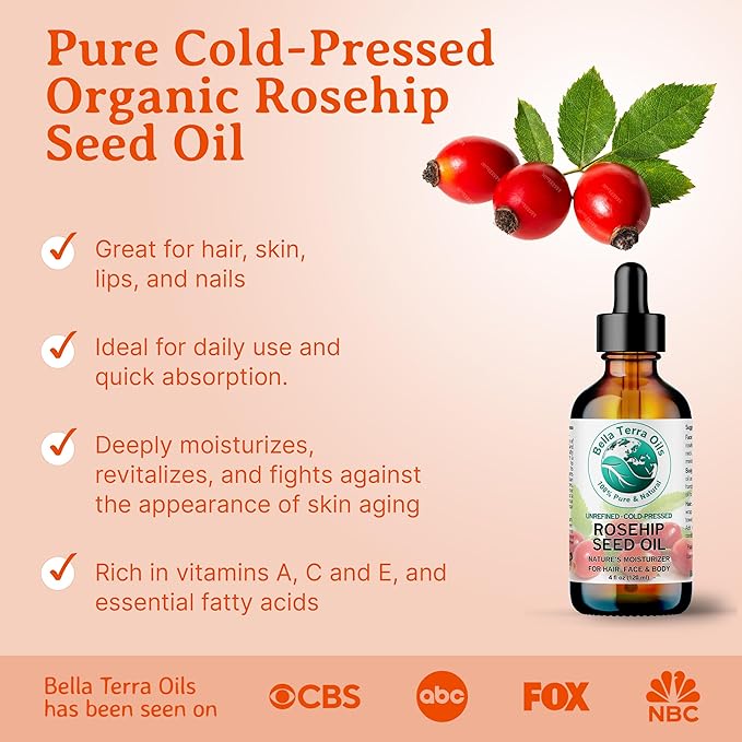 Bella Terra Oils - Natural Rosehip Facial Oil 8 oz - Dive into Natural Rosehip's Essential Fatty Acids & Antioxidants, Infused with Vitamin F, Elevate Daily Face Rituals