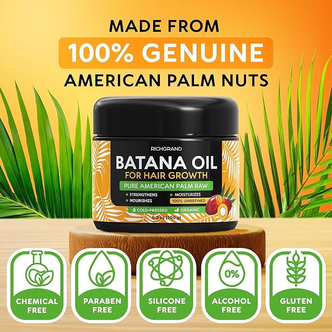 RICHGRAND Batana Oil for Hair Growth & Skin - 100% Raw Unrefined Batana Butter from Honduras - Multipurpose Body Moisturizer - Natural Cold Pressed Oil for Scalp, Split Ends & Dryness (5.3 oz)