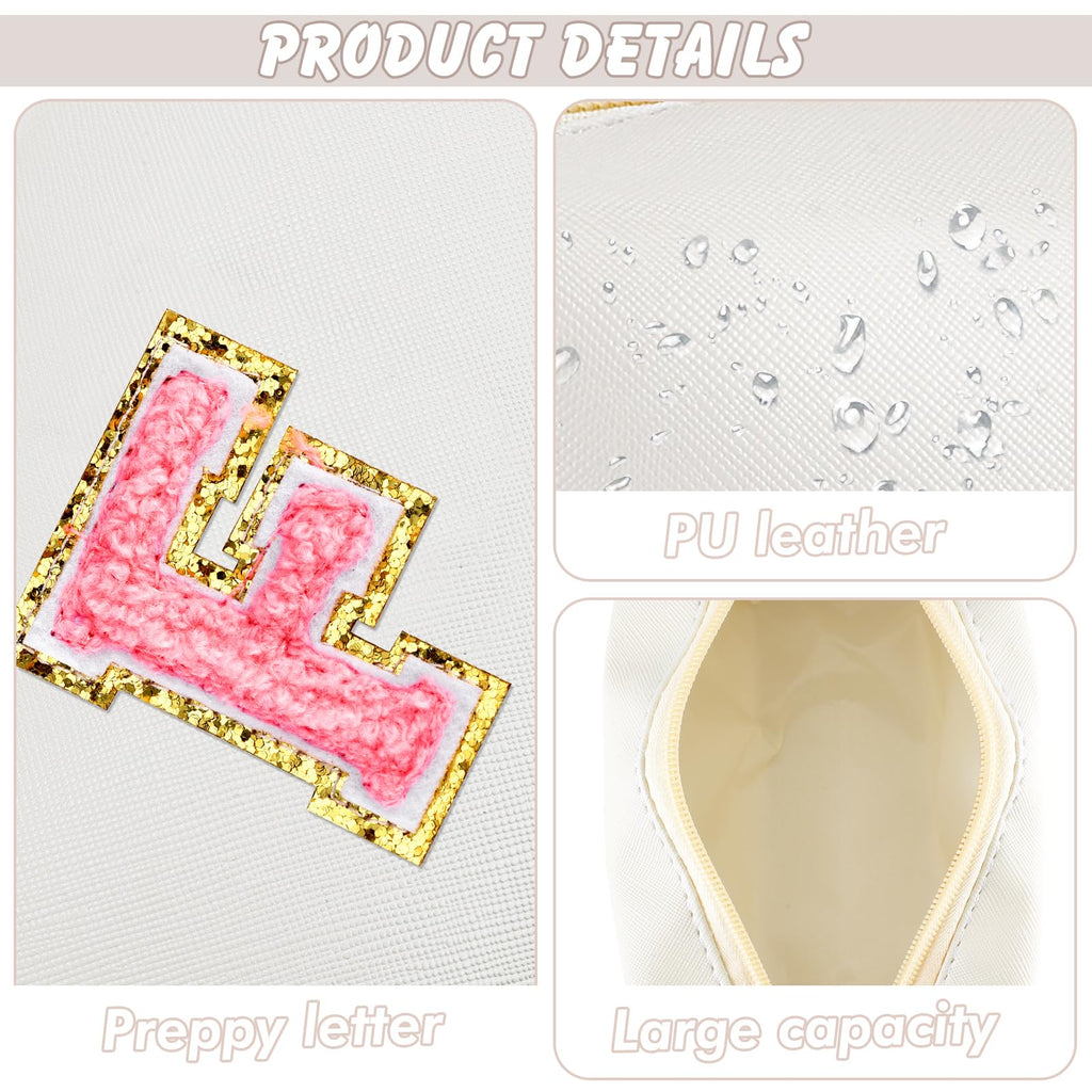 URSKYTOUS Initial Makeup Bag Personalized Preppy Travel Small Cosmetic Bag Cute PU White Chenille Letter Makeup Pouch for Purse Waterproof Zippered Toiletry Organizer for Women Girls Kids Friends (F)