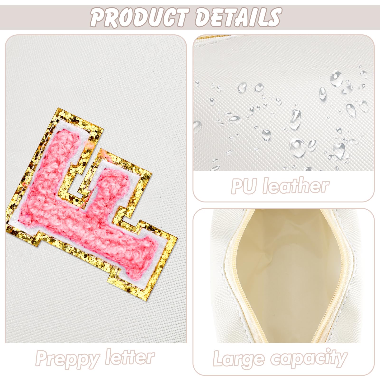 URSKYTOUS Initial Makeup Bag Personalized Preppy Travel Small Cosmetic Bag Cute PU White Chenille Letter Makeup Pouch for Purse Waterproof Zippered Toiletry Organizer for Women Girls Kids Friends (F)