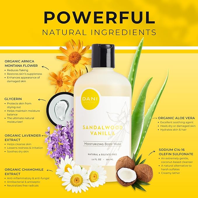 DANI Naturals Sandalwood Vanilla Body Wash, Sulfate-Free and Vegan,12 fl oz