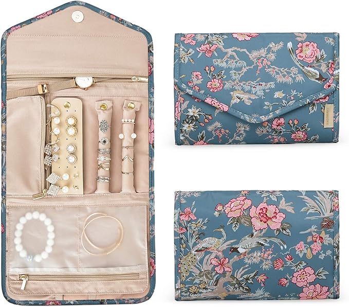 BAGSMART Travel Jewelry Organizer Roll Foldable Jewelry Case,Flower Bird