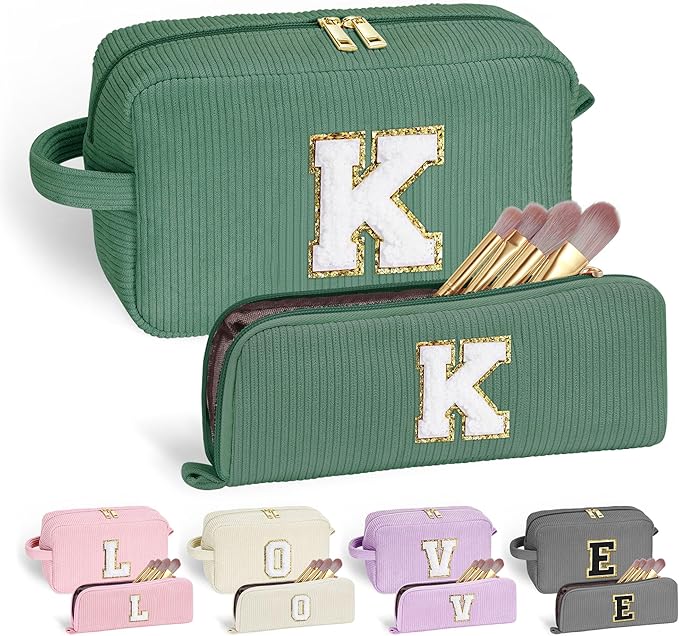 Yoolife Travel Initial Letter Cosmetic Bag - Green for Makeup Brushes & Personalized Teens' Birthdays