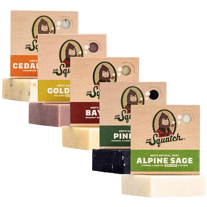 Dr. Squatch Natural Men’s Bar Soap - Cold Process Body Soap Bar with Natural Oils - Gifts for Men - Cool Fresh Aloe, Gold Moss, Pine Tar, Cedar Citrus & Alpine Sage (5 oz, 5-Pack)