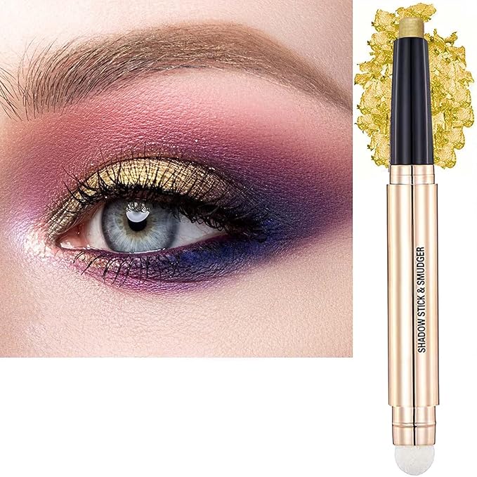 Metiplou Gold Eyeshadow Stick Cream Shimmer Smooth Eyeshadow Pencil Hypoallergenic Waterproof Long Lasting Eye shadow pen Highlighter Stick Multi-Dimensional eyes Look (14# Gold Shimmer)