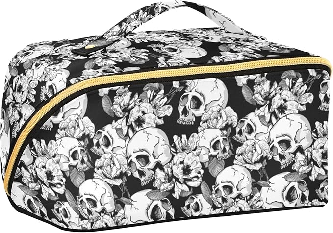 MNSRUU Makeup Organizer Bag, Skull and Flowers Travel Makeup Bags Makeup Vanity Case Large Capacity Rhombus Cosmetic Toiletry Bag for Girl Women Ladies