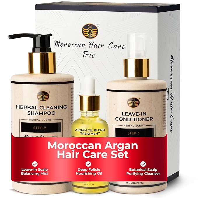 Argan Oil Shampoo & Conditioner Set for Women, Postpartum & Menopause Hair and Scalp Treatment with Argan Oil, Sulfate Free, Leave In Conditioner & Hair Oil for Thinning-Looking Hair