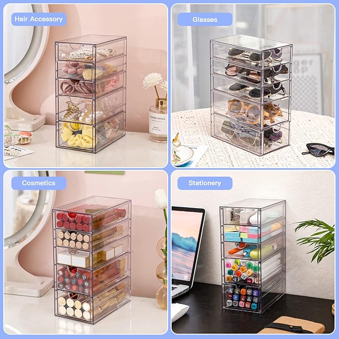 FABROK Clear Hair Accessory Organizer Box with 5 Drawers, Compact Storage Organization Drawers Set for Cosmetics, Glasses, Stationery, Stackable Storage Containers Box for Bathroom, Closet, Office