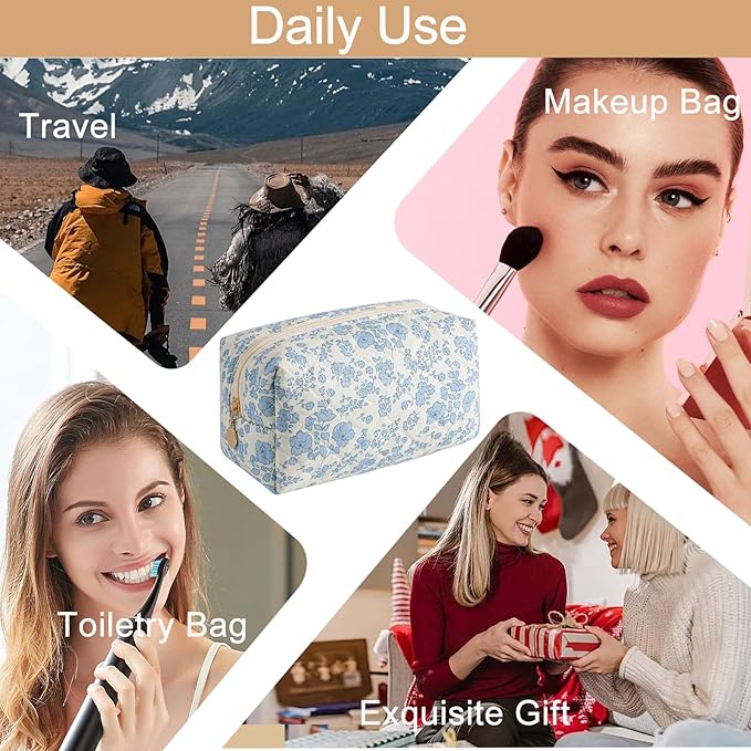 HHQQWZ Makeup Bag Travel Cosmetic Bag for Women Girls, Zipper Make Up Pouch, Floral Flowers Toiletry Organizer Makeup, Portable Storage Cosmetic Travel Cloth Bag (Blue Floral)