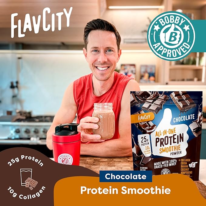 FlavCity Chocolate All in One Protein Shake Powder - On the Go Meal Alternative + Collagen Peptides, Reishi & Cordyceps - Focus, Skin, Hair & Joint Support - 100% Grass Fed Whey, 20 Servings