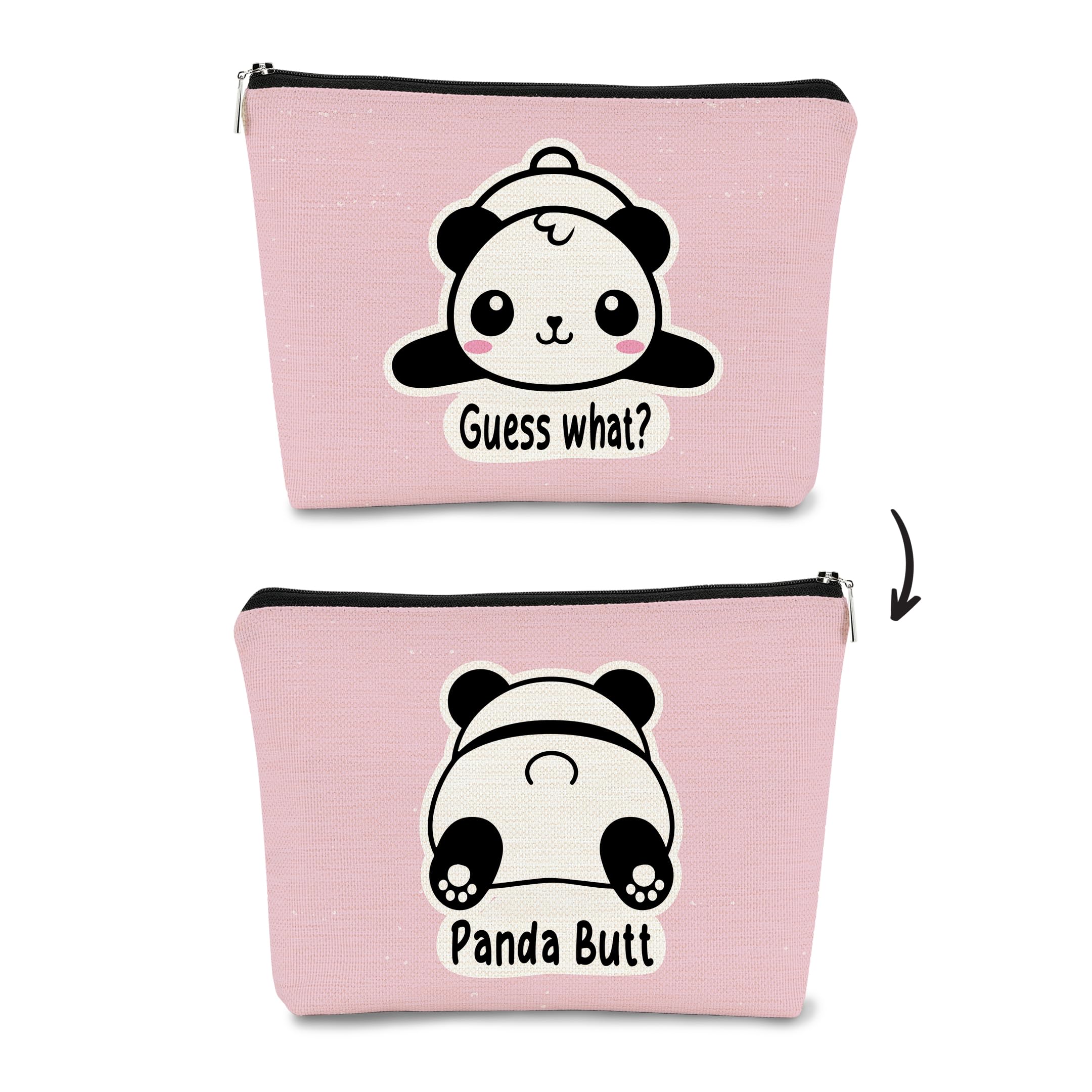 BARPERY Panda Gifts Pink Makeup Bag,Gifts for Panda Lover Wonmen Girls,Cute Baby Panda Guess What It's Pug Butt Cosmetic Bag,Makeup Case for Teen Girls Daughter, Panda Accessories