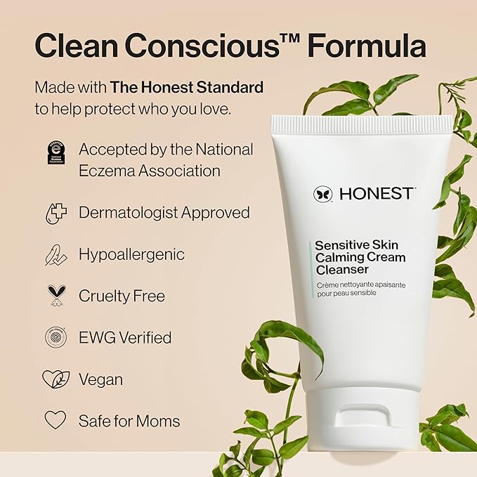 Honest Beauty Sensitive Skin Calming Cream Cleanser, Unscented, 4 fl oz