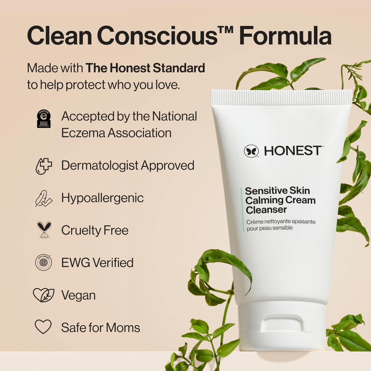 Honest Beauty Sensitive Skin Calming Cream Cleanser, Unscented, 4 fl oz