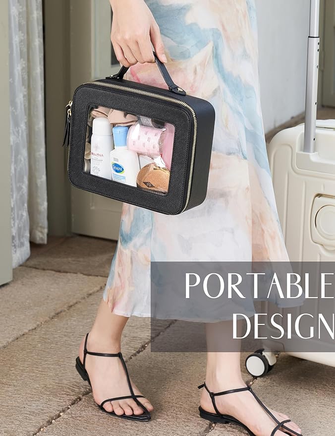 Popvibe Large Capacity Clear Toiletry Bag for Women Travel Makeup Bag Black