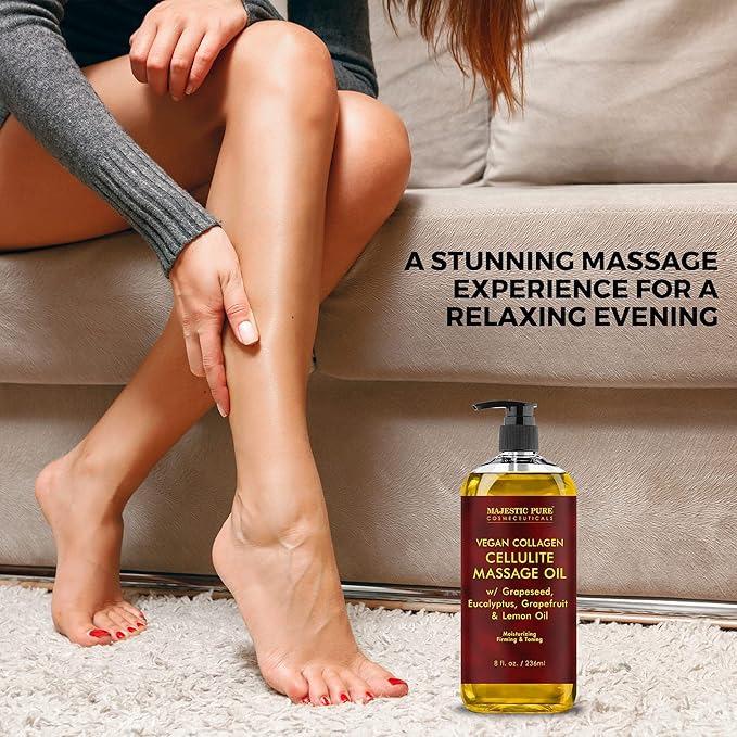 Majestic Pure Cellulite Massage Oil for Massage Therapy- Refreshing and Relaxing- Natural Oils with Grapeseed, Eucalyptus & Lemon Oil- All Skin Types- Men and Women Massage Lotion- 8 fl oz (Pack of 2)