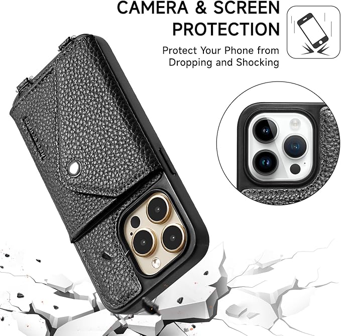 LUCKYCOIN Crossbody Wallet Phone Case for iPhone 14 Pro Max,100% Genuine Leather Wallet Phone Case with Expandable Flip Card Holder,Phone Purse for Women with Adjustable Removable Strap - Pebble Black