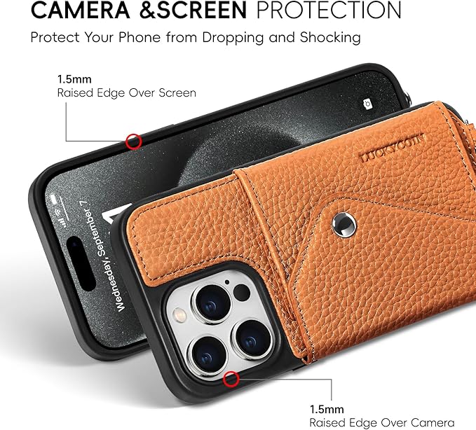 LUCKYCOIN Crossbody Phone Case for iPhone 15 Pro,100% Genuine Leather Phone Wallet Case for Women, Premium Hands-Free Phone Purse with Expandable Flip Card Holder & Adjustable Strap - Pebble Brown