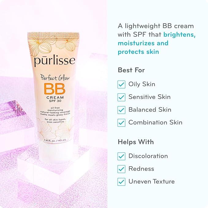 pūrlisse Perfect Glow BB Cream SPF 30 - Luminous Matte Tinted Moisturizer with SPF - Korean Skin Care Formula with Goji & Hawthorn Berry to Hydrate, Brighten & Even Skin - Medium Warm (1.4 oz)