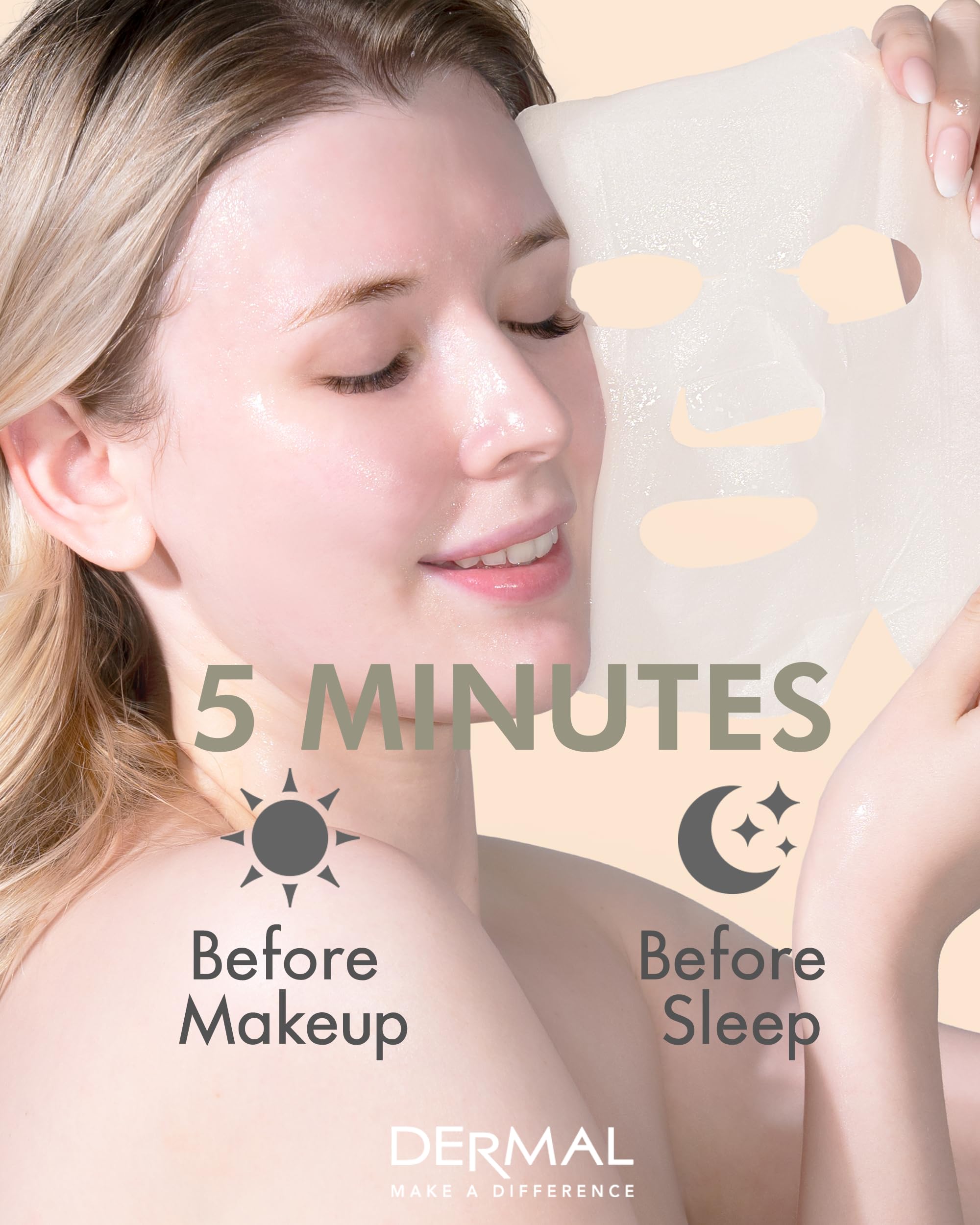 DERMAL Syn-Ake Collagen Essence Facial Mask Sheet 23g Pack of 10 - Peptide Contained, Anti Aging & Anti Wrinkle, Daily Skin Treatment Solution Sheet Mask