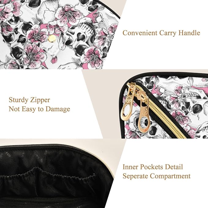 MNSRUU Makeup Organizer Bag, Halloween Skull Flowers and Pink Cherries Travel Makeup Bags Makeup Vanity Case Large Capacity Rhombus Cosmetic Toiletry Bag for Girl Women Ladies