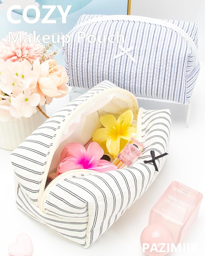 PAZIMIIK Cozy Makeup Bag for Women,Zipper Cosmetic Pouch,Stripe Black