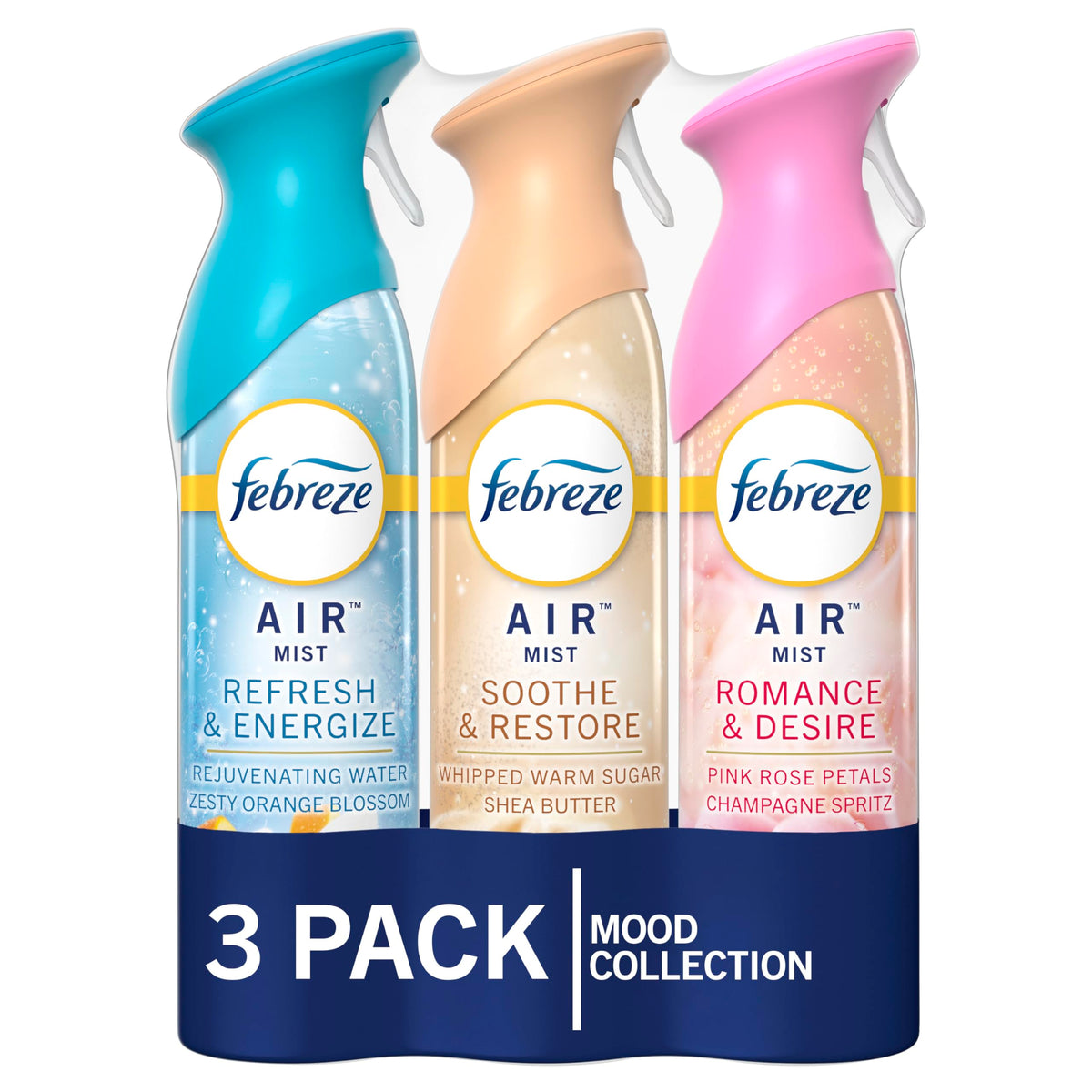 Febreze Air Mist Air Freshener Spray, Odor-Fighting Room Spray for Home and Bathroom and Kitchen, Aerosol Can, Refresh & Energize, Soothe & Restore, Romance & Desire Scent, 8.8oz, 3 Count