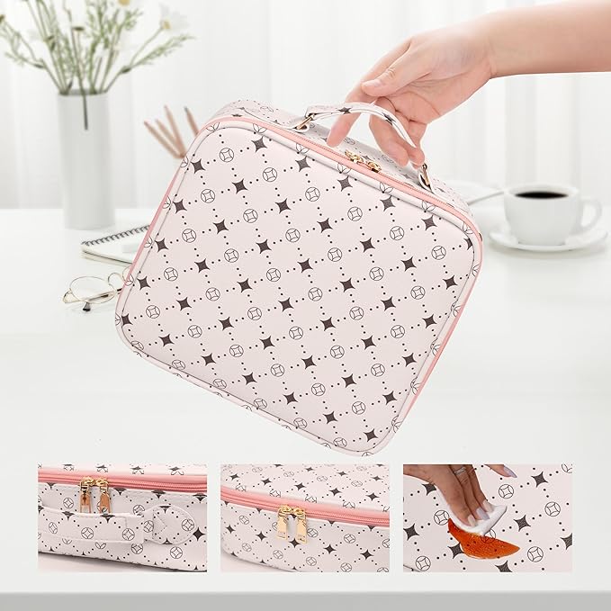 M Y U R E N Travel Makeup Bag,Waterproof Cosmetic Organizer, Adjustable Dividers,Portability Cosmetic Train Case,Makeup organizer,Gift for Women,Girls Gift (Beige+Pink)