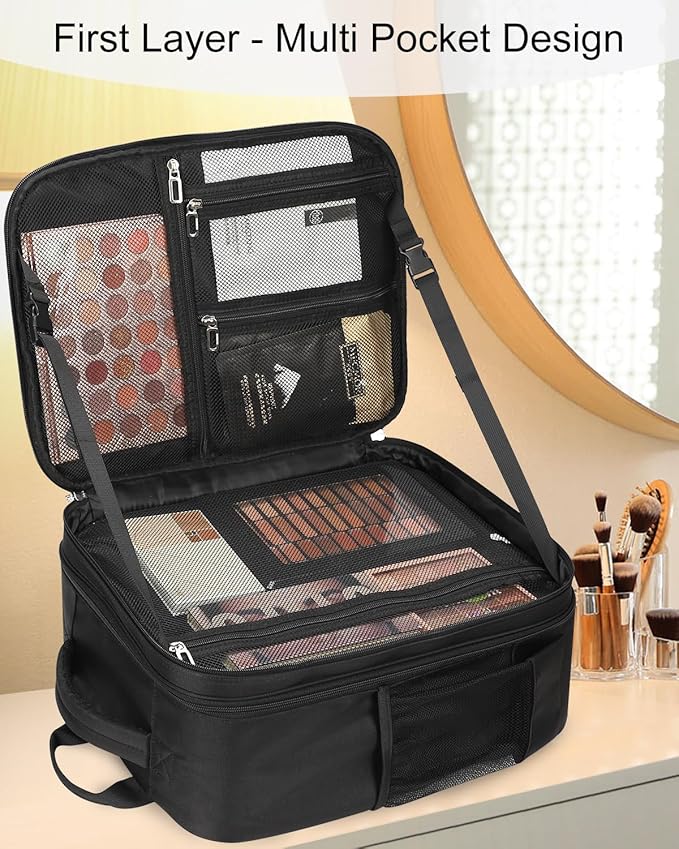 TANTO Makeup Backpack Professional Cosmetic Artist Bag Extra Large Travel Train Case Storage Organizer Double-Layer Cosmetic Case with 8 Pouch &Adjustable Divider (Black)