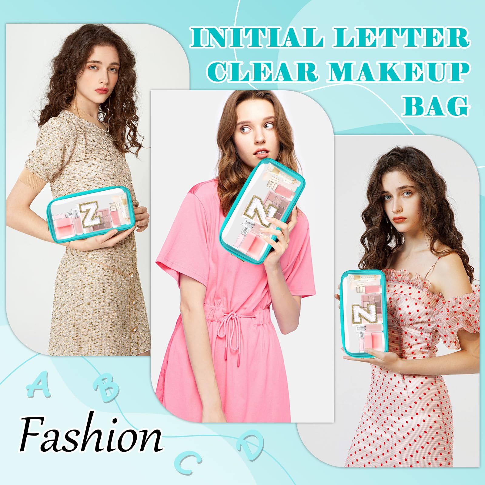 Personalized Initial Letter Clear Makeup Bag,Preppy Small Nylon&PVC Cosmetic Zipper Bag with Chenille Letter,Portable Beach Travel Skincare Toiletry Bag,Trendy Monogram Gift for Teen Girls Women,Z