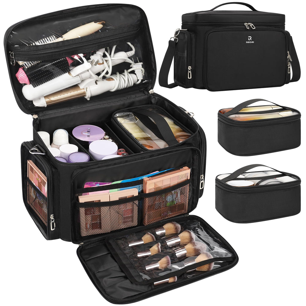 TANTO Large Makeup Organizer Bag, Professional Makeup Artist Bag Portable Travel Makeup Organizer with Detachable Dividers, 2 Pouches & Shoulder Strap, Cosmetic Storage for Beauty Enthusiasts