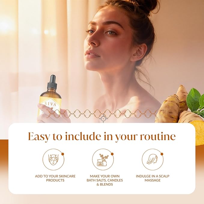 Siva Turmeric Essential Oil 4 Fl Oz – for Diffuser, Skin & Hair Care – Ideal for Massage & DIY Blends- with Dropper