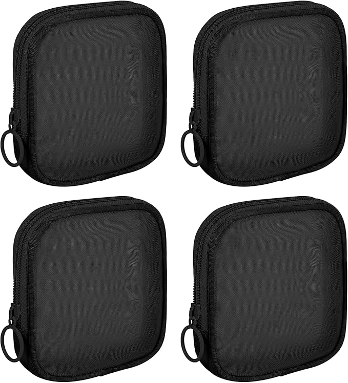 Sinzip 4 Pieces Mini Zipper Nylon Mesh Pouch, Mesh Cosmetic Bags Makeup Bags, Multipurpose Travel Toiletry Bags for Office Supplies and Travel Accessories (Black, S)