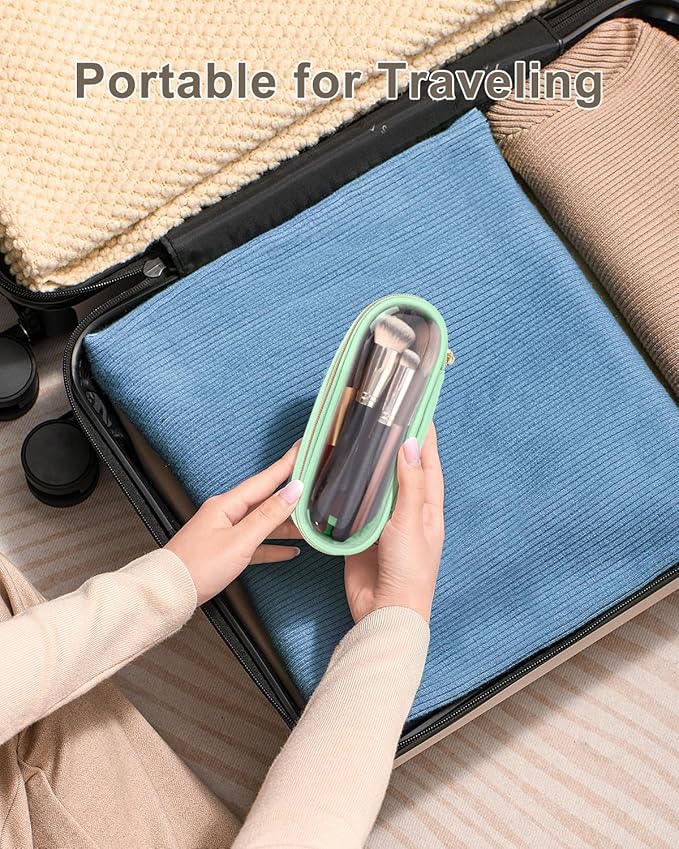Soimeat Clear Travel Makeup Brush Holder, Leather Makeup Brush Toiletry Bag, Portable Cosmetic Brush Case, Transparent Waterproof Makeup Brush Storage Bag, Mint Green