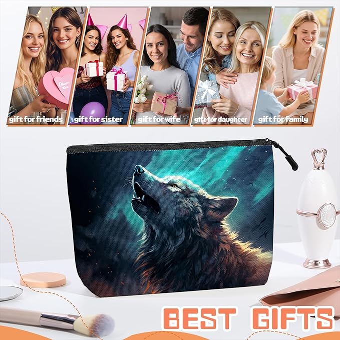 Scribesense Cosmetic Bags Travel Makeup Toilet Case Waterproof Pouch for Women Girls 6.7X9.45inches - Wolf Howling Against A Mysterious Night Sky