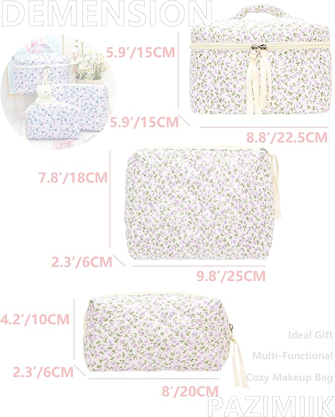 3 Piece Quilted Makeup Bag Set for Women,Cosmetic&Toiletry,Floral Purple