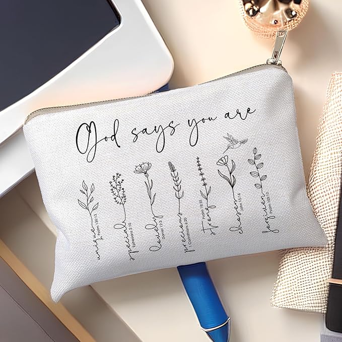 HubbgDesign God Says You Are Makeup Bag, Christian Bible Verse Cosmetic Pouch for Women, Inspirational Floral Toiletry Bag, Positive Affirmation Gift for Her, Travel Makeup Case (God says you are...)
