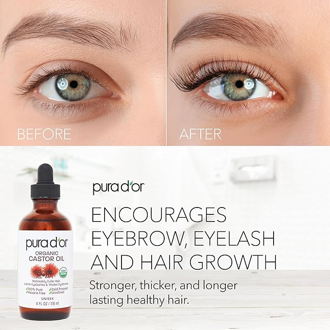 PURA D'OR Organic Castor Oil – Pure Cold-Pressed, Hexane-Free, USDA Certified - Hair, Lashes, Brows, Scalp, Skin: Supporting Softness, Strength, Hydration, Shine & Radiance 4 Oz - Ayurvedic Hair Care