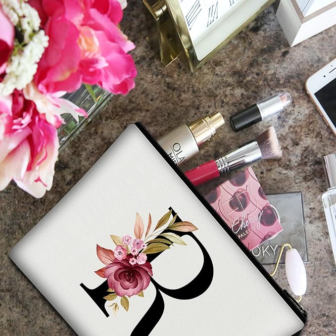 Vavabox A-Z Personalized Makeup Bag, Birthday Gifts for Women Mom, Gifts for Best Friend, Bride Bridesmaid Cosmetic bag (R, 01-White)