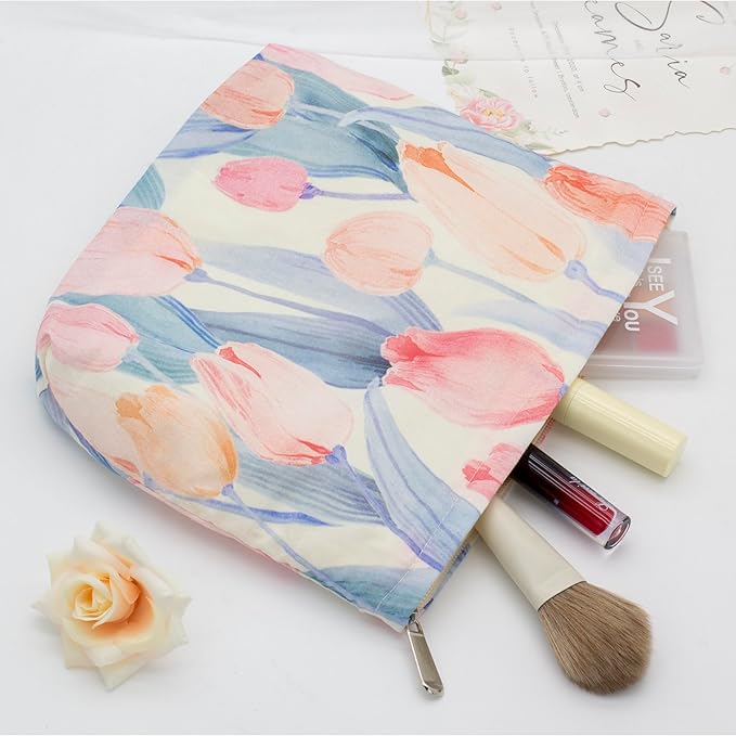 Flat Makeup Bag for Women,Zipper Cosmetic Pouch for Purse,Tulips Pink