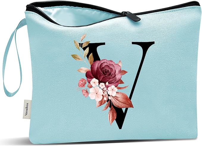 Vavabox A-Z Personalized Makeup Bag, Birthday Gifts for Women Mom, Gifts for Best Friend, Bride Bridesmaid Cosmetic bag (V, Aqua)